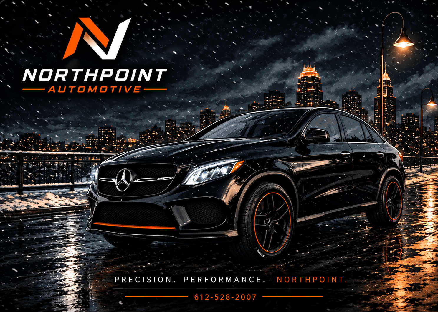 Northpoint Automotive promotional banner featuring a black Mercedes-Benz SUV with the tagline Precision. Performance. Northpoint.