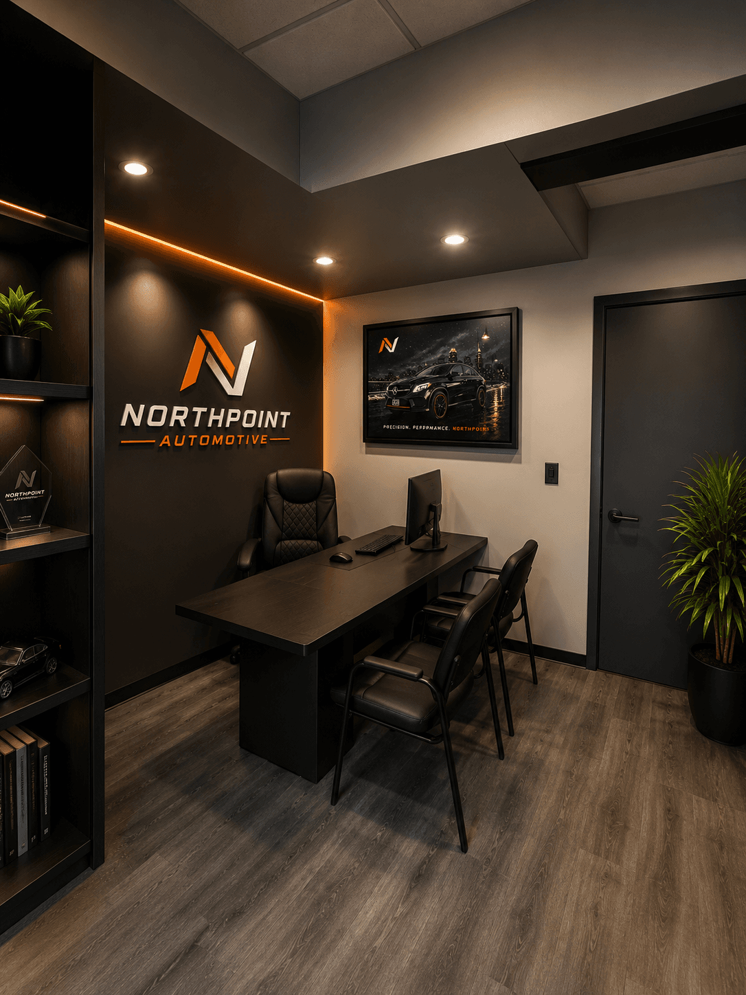 Northpoint Automotive sales and finance office with branded accent wall